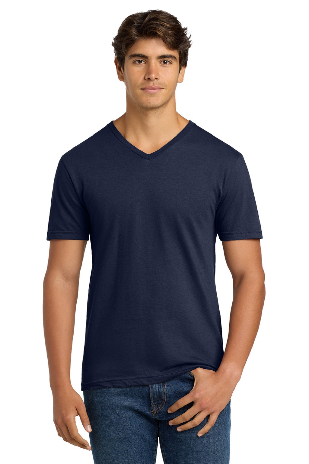 Gildan 64V00 Mens Softstyle Short Sleeve V-Neck T-Shirt Navy Blue Model Front