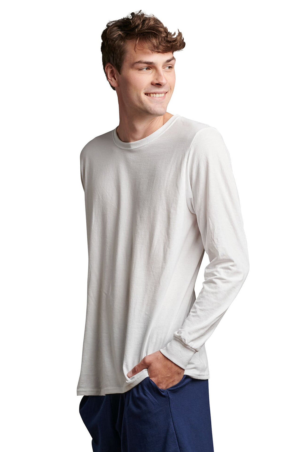 Russell Athletic 64LTTM Mens Dri-Power Moisture Wicking Performance Long Sleeve Crewneck T-Shirt White Model Front