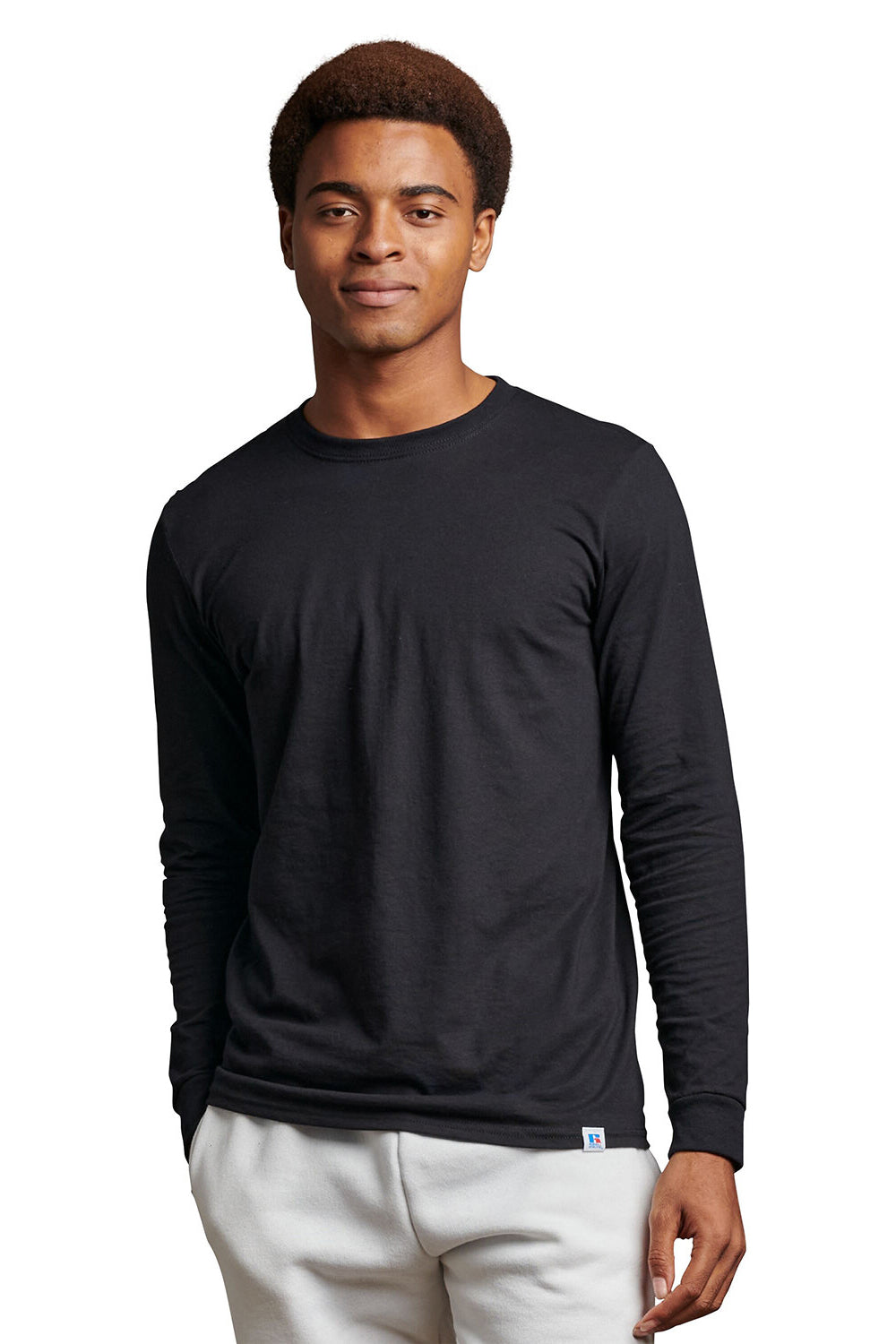 Russell Athletic 64LTTM Mens Dri-Power Moisture Wicking Performance Long Sleeve Crewneck T-Shirt Black Model Front