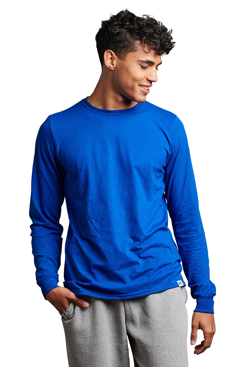 Russell Athletic 64LTTM Mens Dri-Power Moisture Wicking Performance Long Sleeve Crewneck T-Shirt Royal Blue Model Front