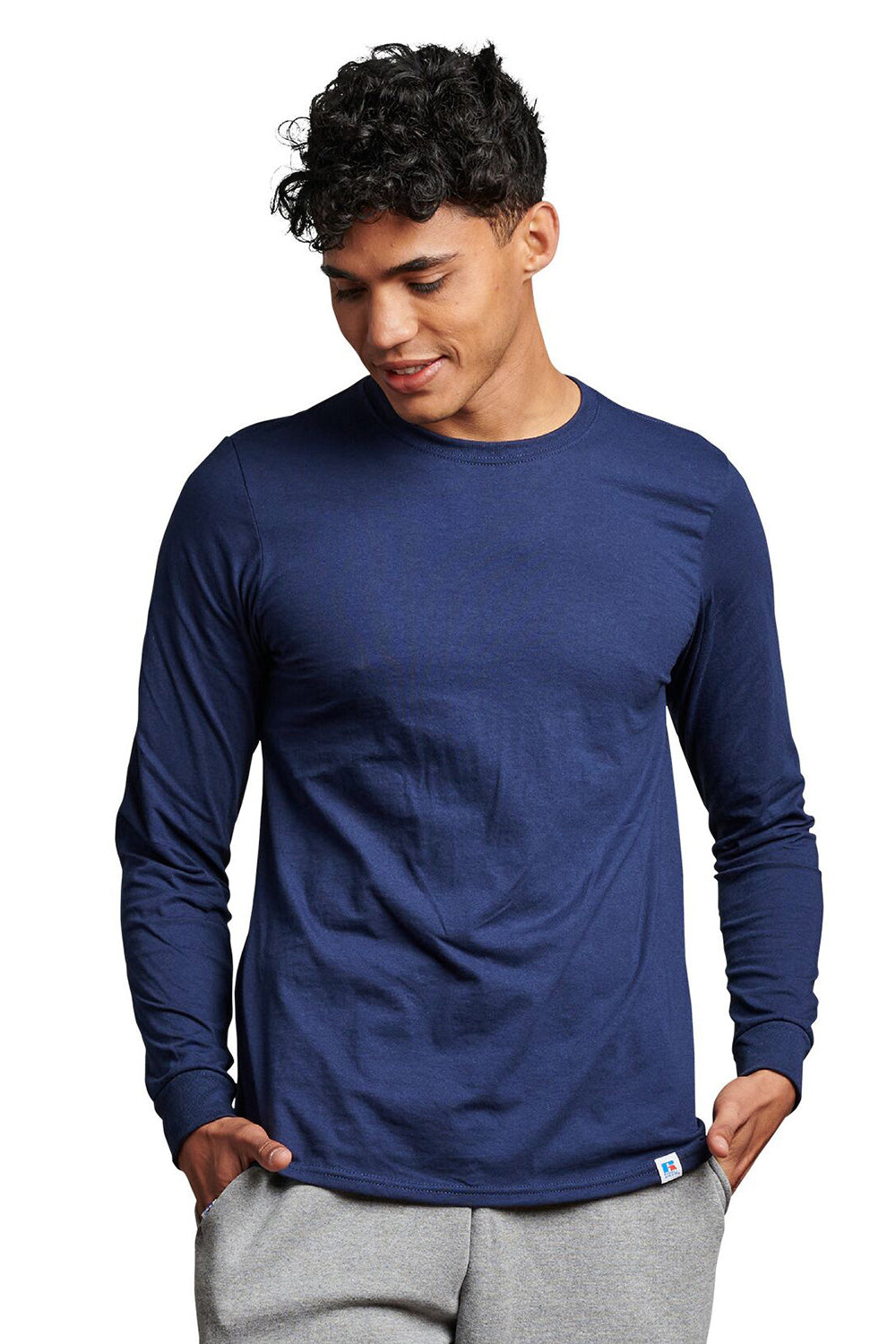 Russell Athletic 64LTTM Mens Dri-Power Moisture Wicking Performance Long Sleeve Crewneck T-Shirt Navy Blue Model Front