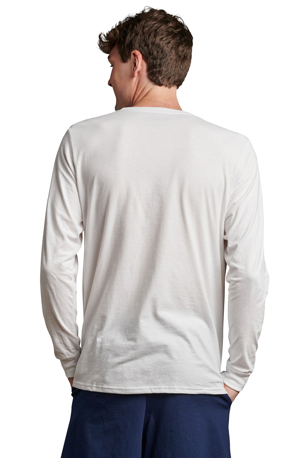 Russell Athletic 64LTTM Mens Dri-Power Moisture Wicking Performance Long Sleeve Crewneck T-Shirt White Model Back