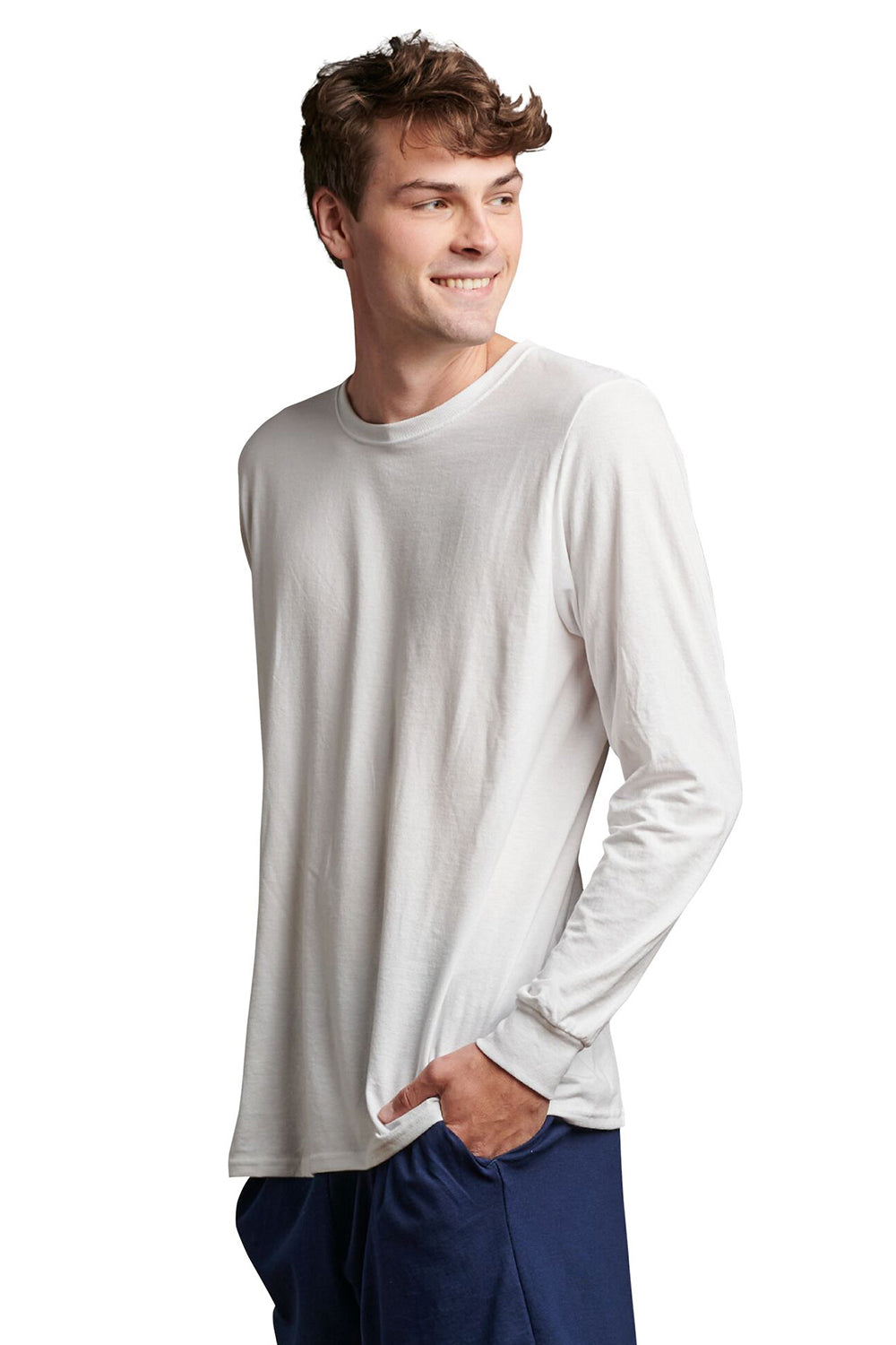 Russell Athletic 64LTTM Mens Dri-Power Moisture Wicking Performance Long Sleeve Crewneck T-Shirt White Model Side