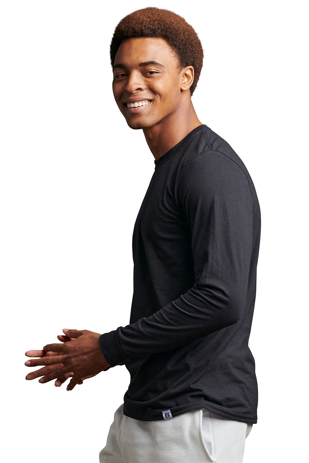 Russell Athletic 64LTTM Mens Dri-Power Moisture Wicking Performance Long Sleeve Crewneck T-Shirt Black Model Side