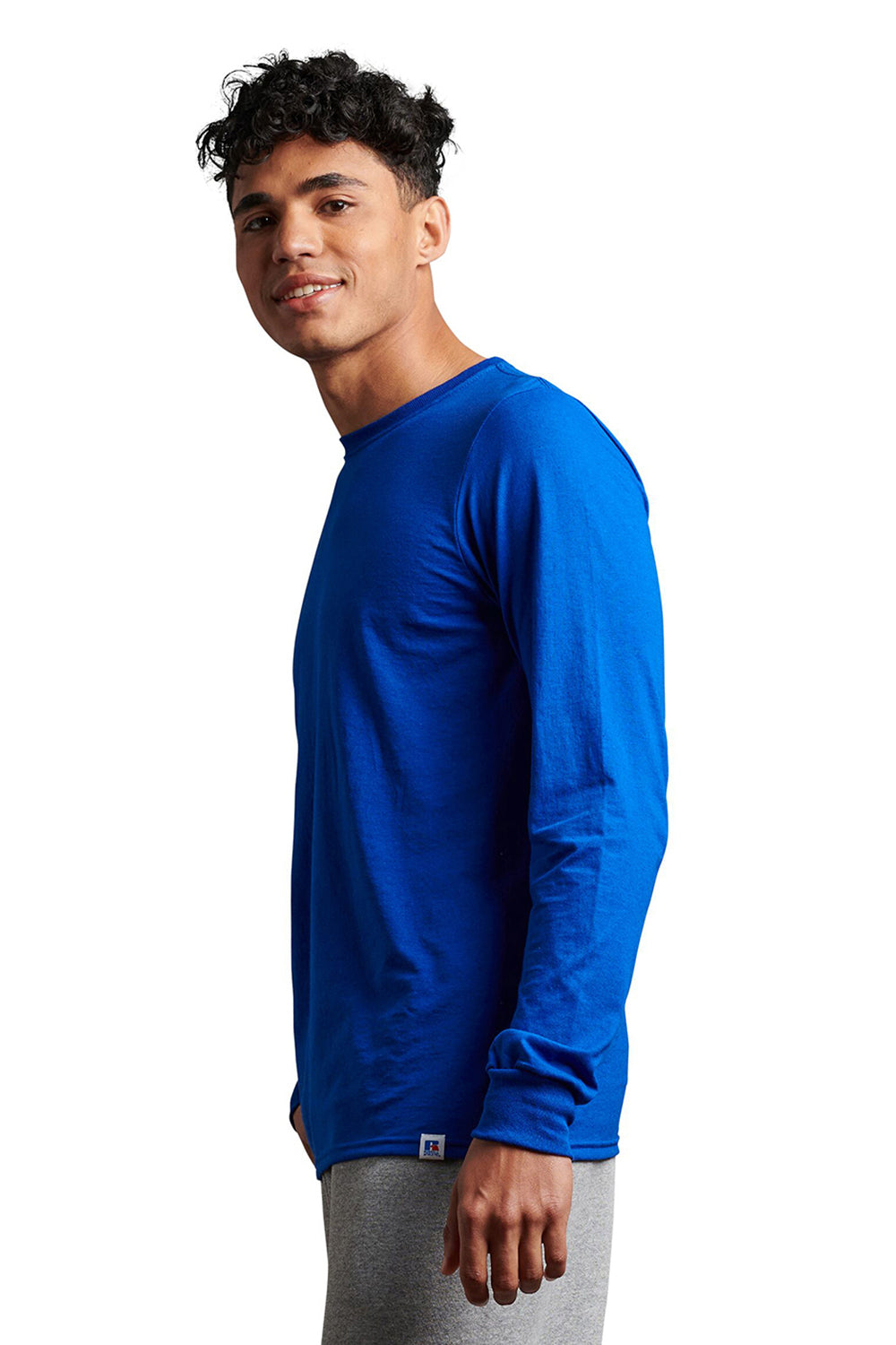 Russell Athletic 64LTTM Mens Dri-Power Moisture Wicking Performance Long Sleeve Crewneck T-Shirt Royal Blue Model Side