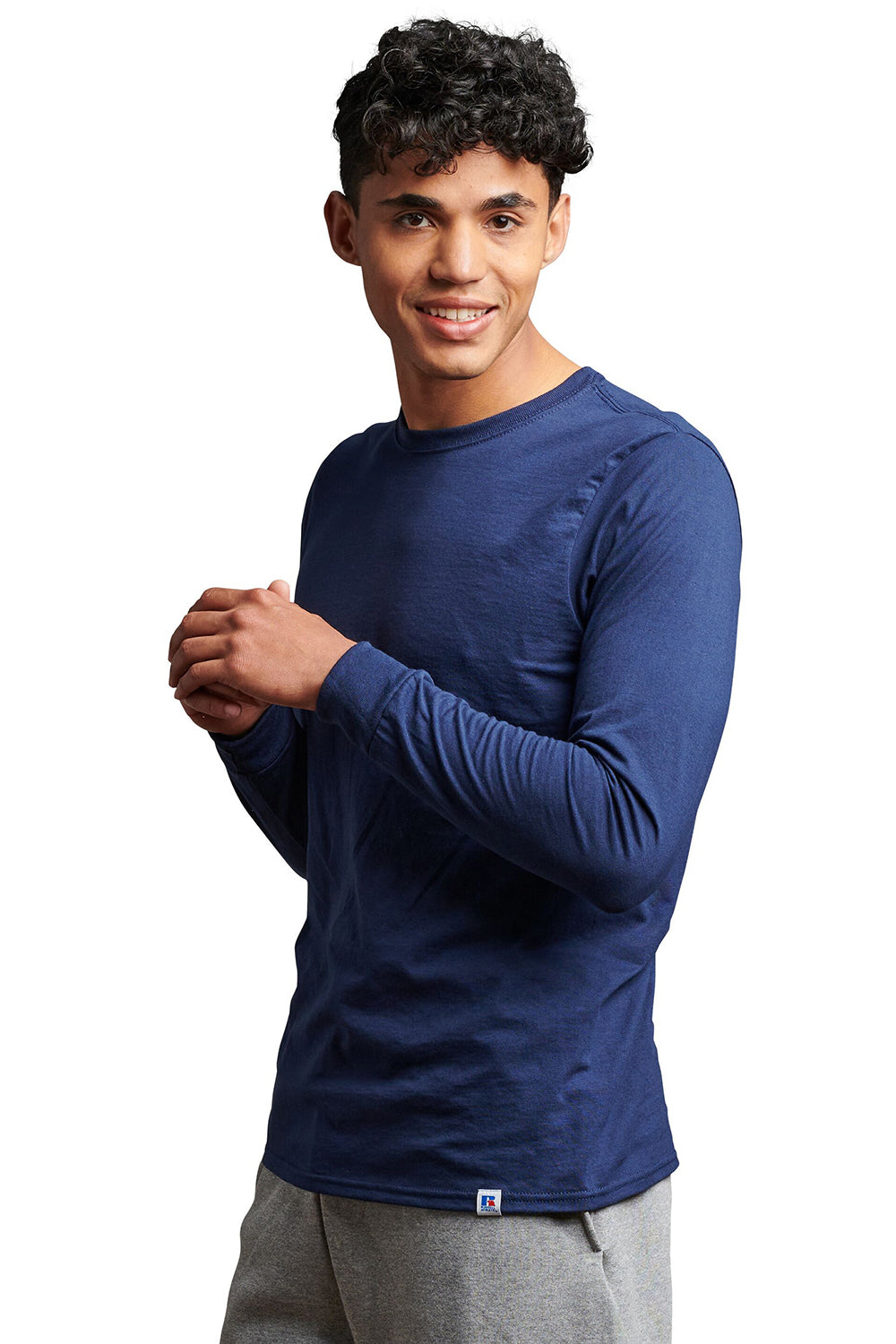 Russell Athletic 64LTTM Mens Dri-Power Moisture Wicking Performance Long Sleeve Crewneck T-Shirt Navy Blue Model Side