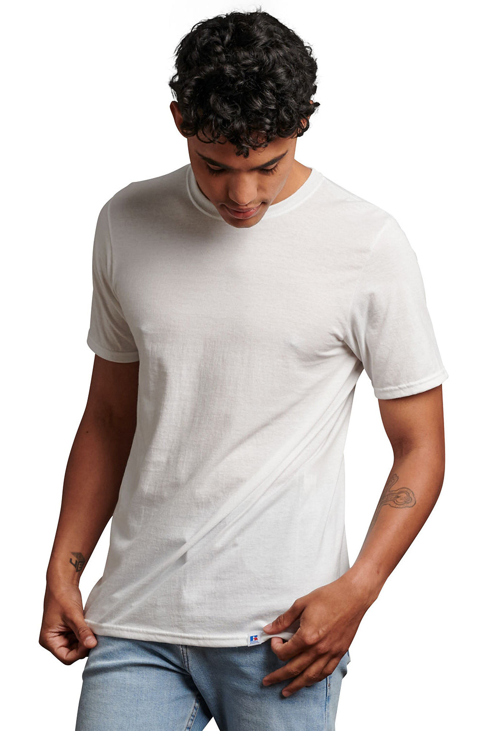 Russell Athletic 64STTM Mens Dri-Power Moisture Wicking Performance Short Sleeve Crewneck T-Shirt White Model Front