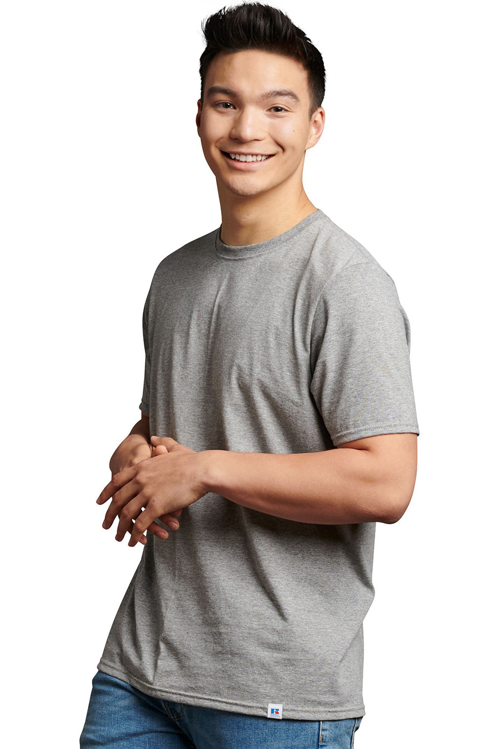 Russell Athletic 64STTM Mens Dri-Power Moisture Wicking Performance Short Sleeve Crewneck T-Shirt Oxford Grey Model Front