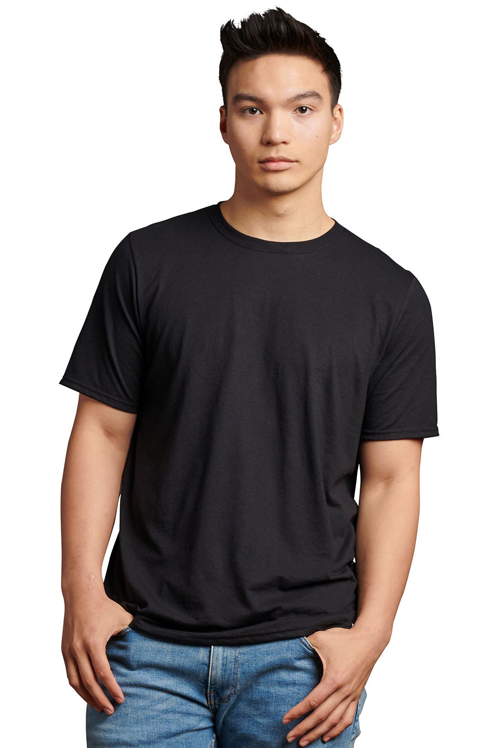 Russell Athletic 64STTM Mens Dri-Power Moisture Wicking Performance Short Sleeve Crewneck T-Shirt Black Model Front