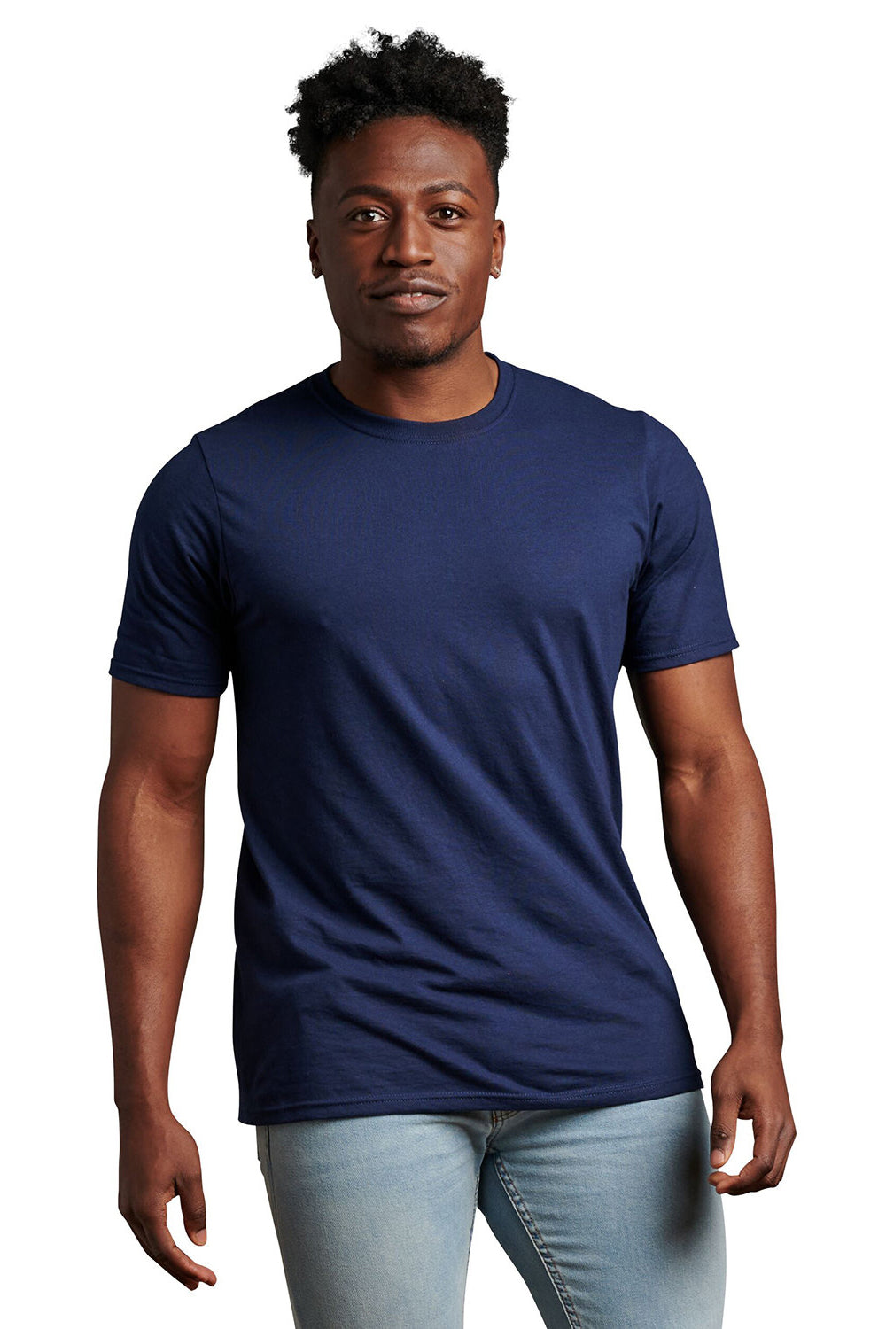 Russell Athletic 64STTM Mens Dri-Power Moisture Wicking Performance Short Sleeve Crewneck T-Shirt Navy Blue Model Front