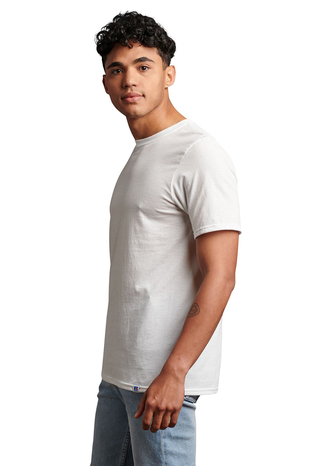 Russell Athletic 64STTM Mens Dri-Power Moisture Wicking Performance Short Sleeve Crewneck T-Shirt White Model Side