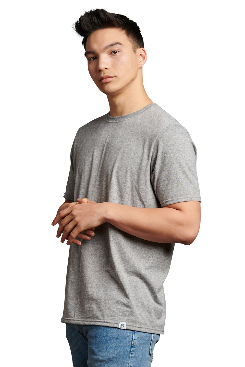 Russell Athletic 64STTM Mens Dri-Power Moisture Wicking Performance Short Sleeve Crewneck T-Shirt Oxford Grey Model Side