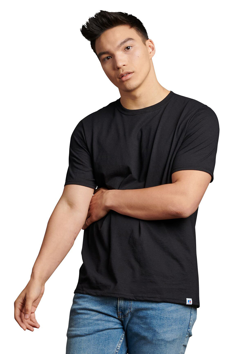 Russell Athletic 64STTM Mens Dri-Power Moisture Wicking Performance Short Sleeve Crewneck T-Shirt Black Model Side