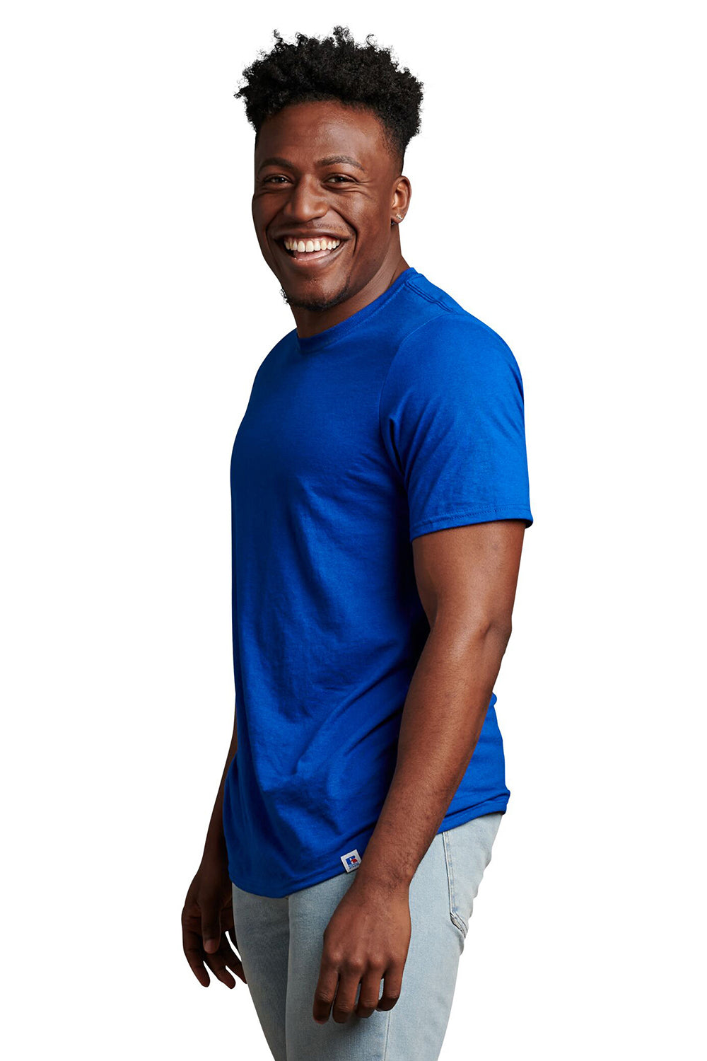 Russell Athletic 64STTM Mens Dri-Power Moisture Wicking Performance Short Sleeve Crewneck T-Shirt Royal Blue Model Side