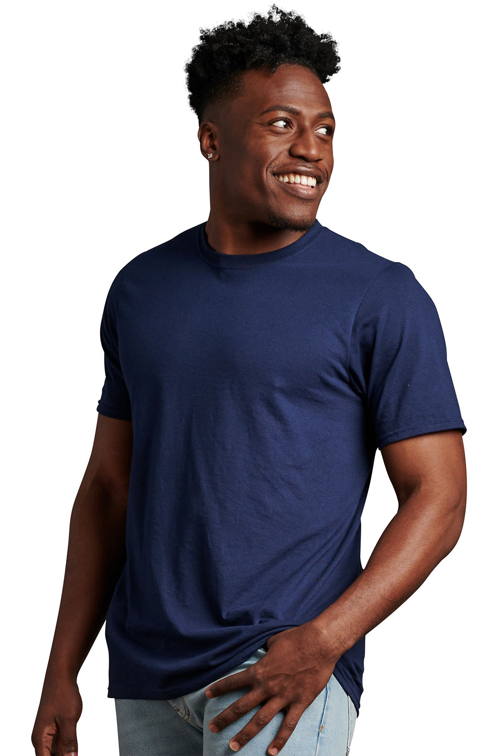 Russell Athletic 64STTM Mens Dri-Power Moisture Wicking Performance Short Sleeve Crewneck T-Shirt Navy Blue Model Side