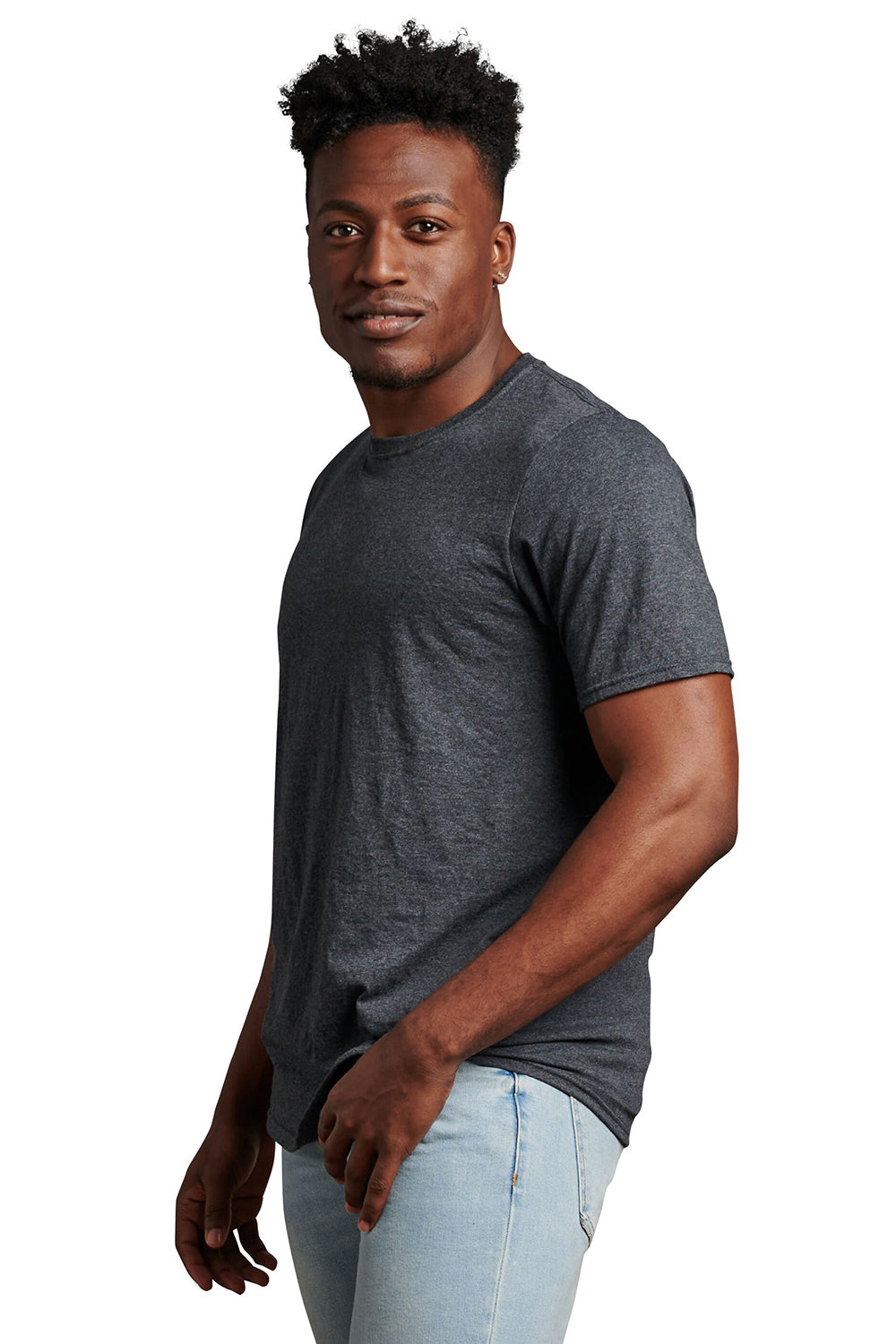 Russell Athletic 64STTM Mens Dri-Power Moisture Wicking Performance Short Sleeve Crewneck T-Shirt Heather Black Model Side