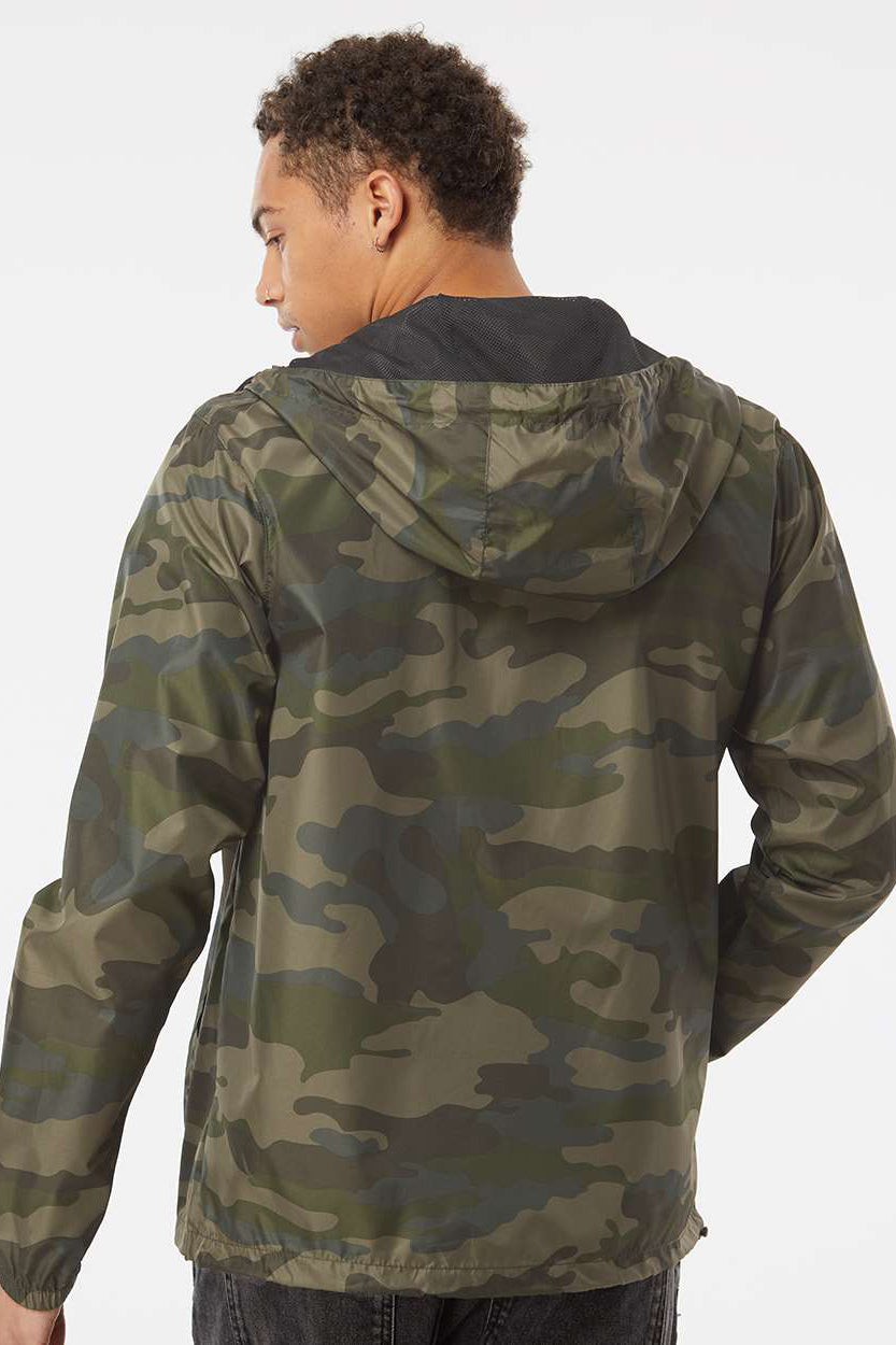 Independent Trading Company EXP54LWZ Mens Water Resistant Full Zip Windbreaker Hooded Jacket Forest Green Camo Model Back
