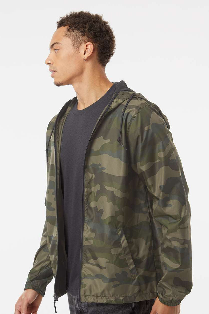 Independent Trading Company EXP54LWZ Mens Water Resistant Full Zip Windbreaker Hooded Jacket Forest Green Camo Model Side