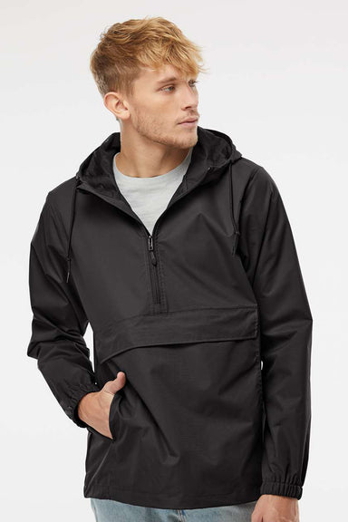 Independent Trading Company EXP94NAW Mens 1/4 Zip Waterproof Hooded Anorak Jacket Black Model Front