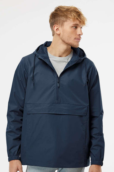 Independent Trading Company EXP94NAW Mens 1/4 Zip Waterproof Hooded Anorak Jacket Classic Navy Blue Model Front