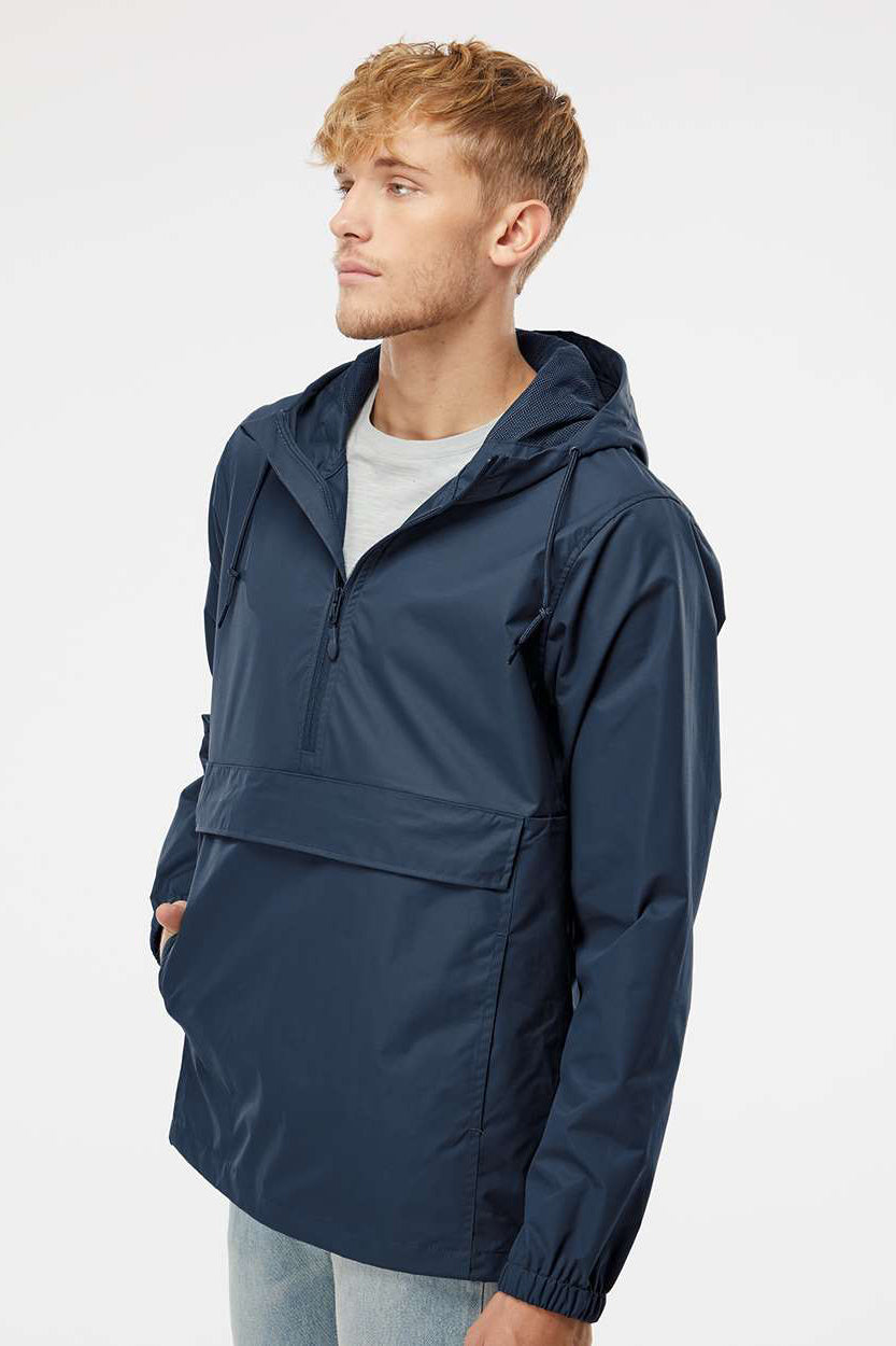 Independent Trading Company EXP94NAW Mens 1/4 Zip Waterproof Hooded Anorak Jacket Classic Navy Blue Model Side