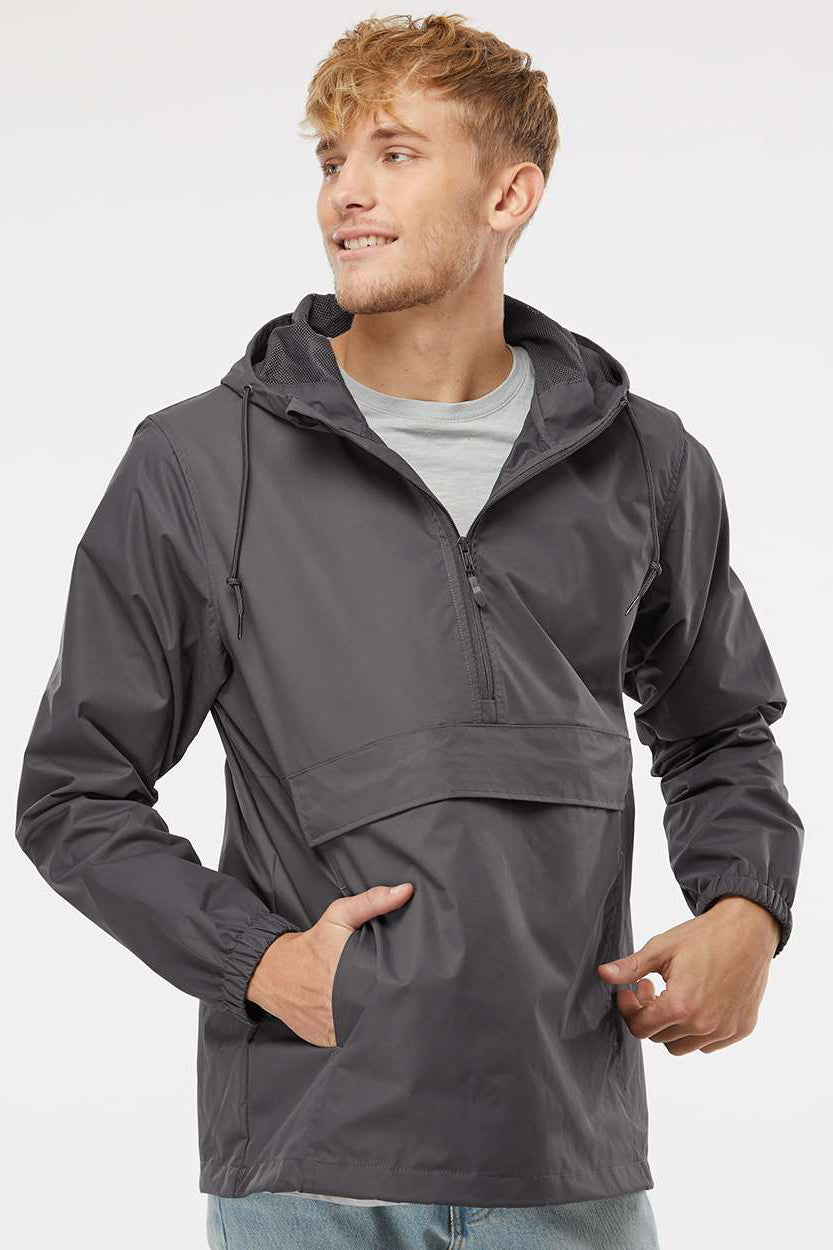 Independent Trading Company EXP94NAW Mens 1/4 Zip Waterproof Hooded Anorak Jacket Graphite Grey Model Front