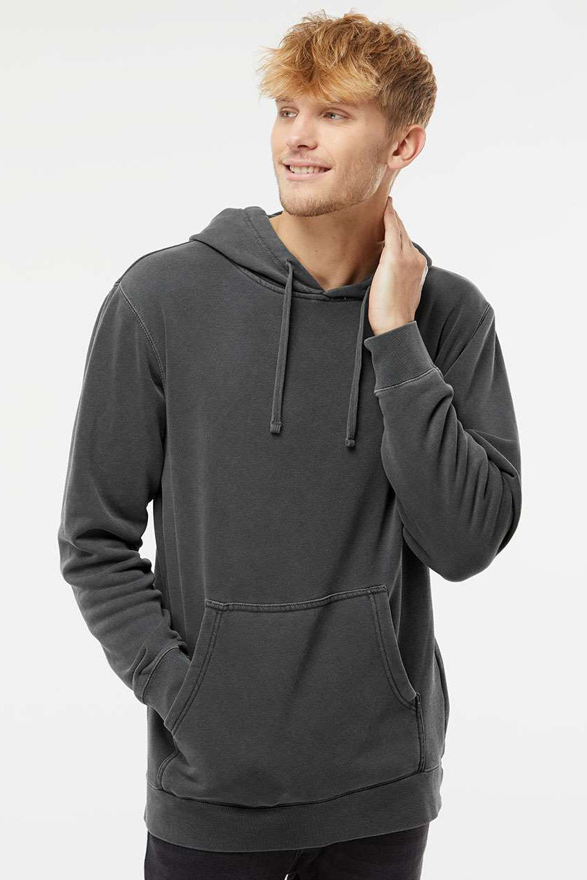 Independent Trading Company PRM4500 Mens Pigment Dyed Hooded Sweatshirt Hoodie w/ Pouch Pocket Black Model Front