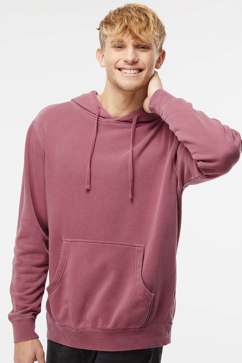 Independent Trading Company PRM4500 Mens Pigment Dyed Hooded Sweatshirt Hoodie w/ Pouch Pocket Maroon Model Front