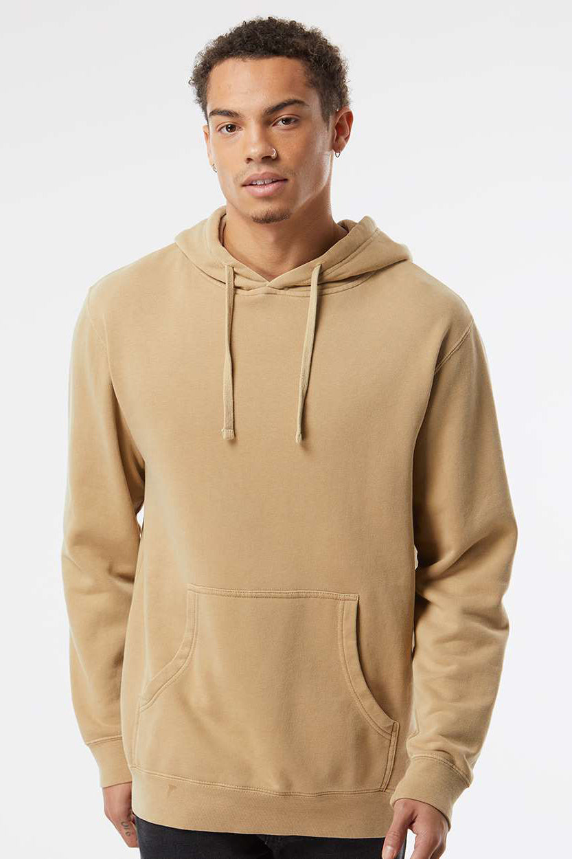 Independent Trading Company PRM4500 Mens Pigment Dyed Hooded Sweatshirt Hoodie w/ Pouch Pocket Sandstone Brown Model Front