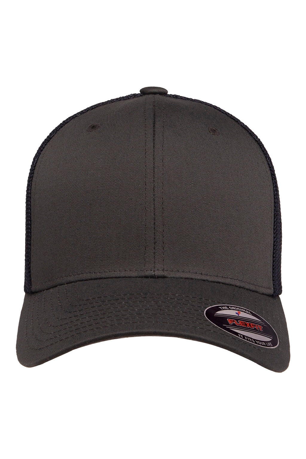 Flexfit Hats 6511 Mens Stretch Fit Trucker Hat Charcoal Grey/Navy Blue Flat Front