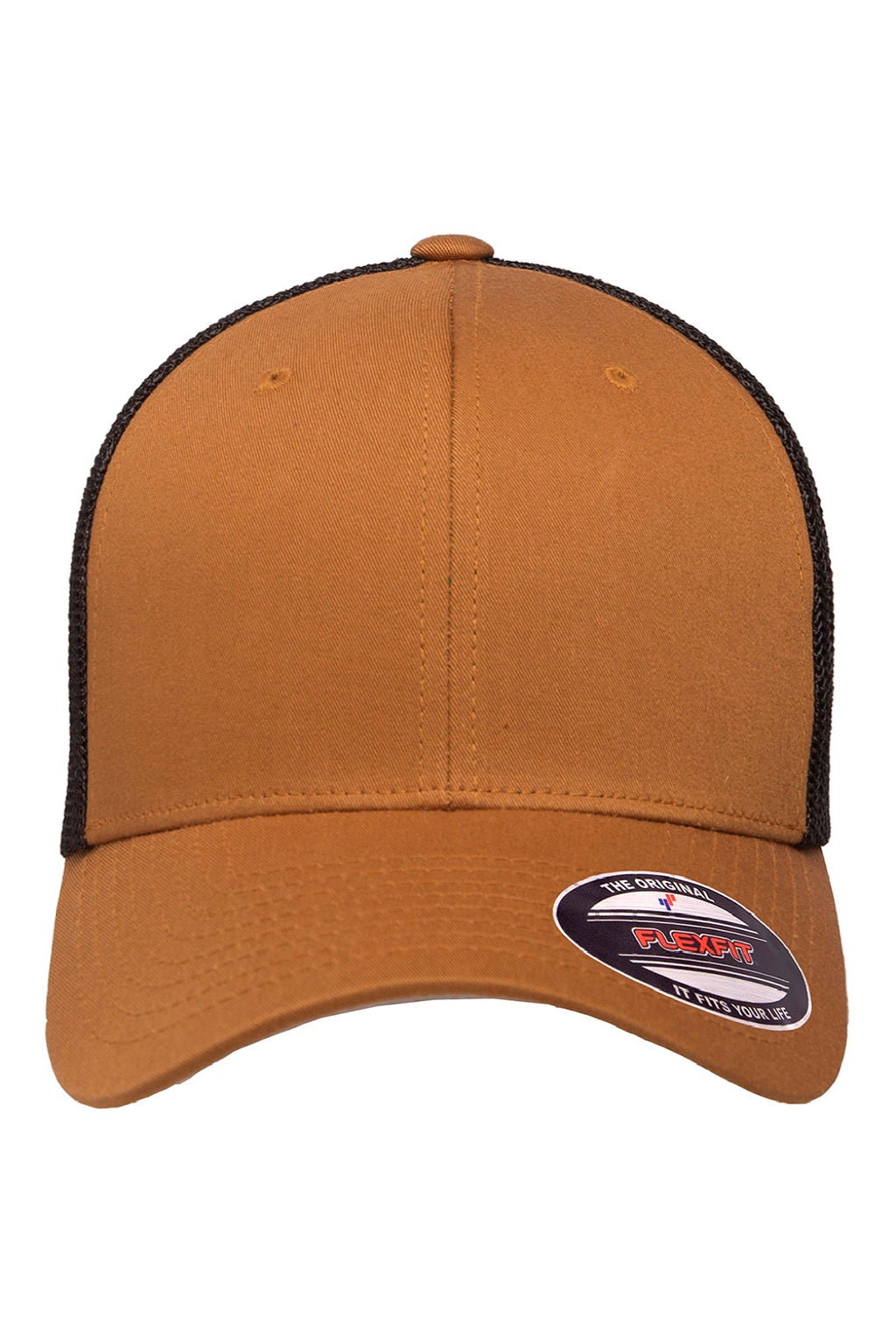 Flexfit Hats 6511 Mens Stretch Fit Trucker Hat Caramel Brown/Black Flat Front