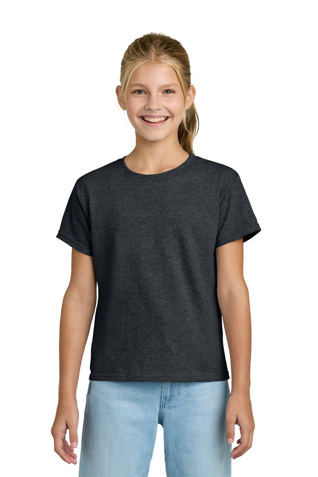Gildan 3000B Youth Short Sleeve Crewneck T-Shirt Dark Heather Model Front