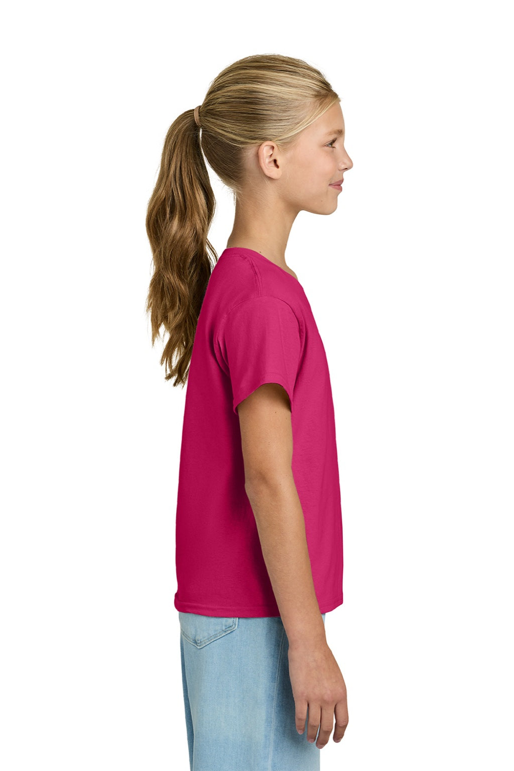 Gildan 3000B Youth Short Sleeve Crewneck T-Shirt Heliconia Pink Model Side