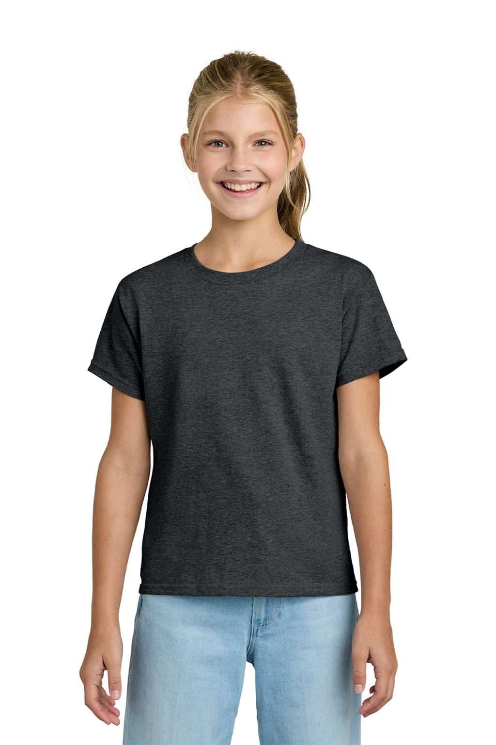 Gildan 3000B Youth Short Sleeve Crewneck T-Shirt Heather Dark Grey Model Front