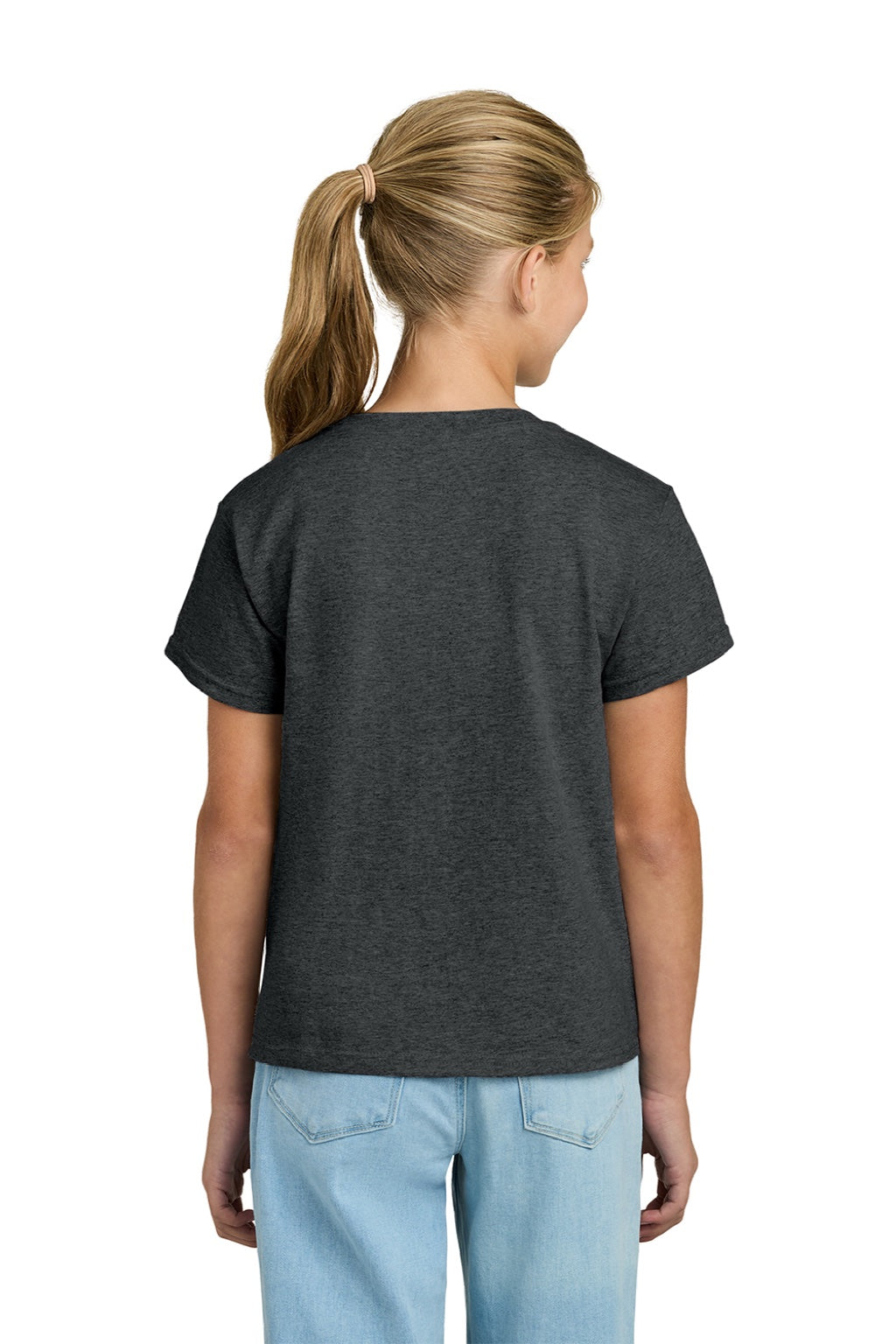Gildan 3000B Youth Short Sleeve Crewneck T-Shirt Heather Dark Grey Model Back