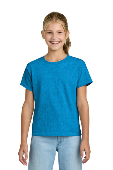 Gildan 3000B Youth Short Sleeve Crewneck T-Shirt Heather Sapphire Blue Model Front