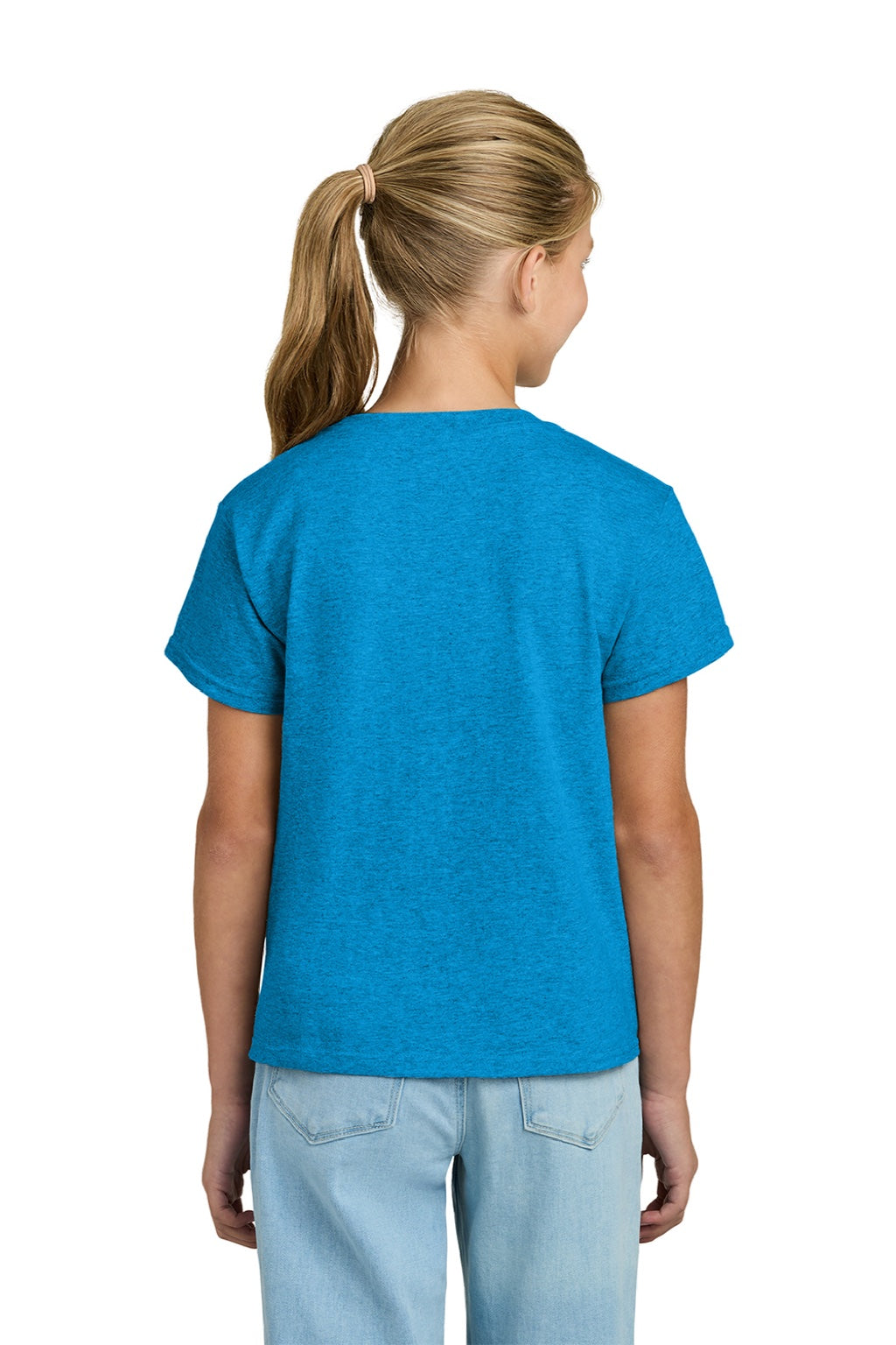 Gildan 3000B Youth Short Sleeve Crewneck T-Shirt Heather Sapphire Blue Model Back