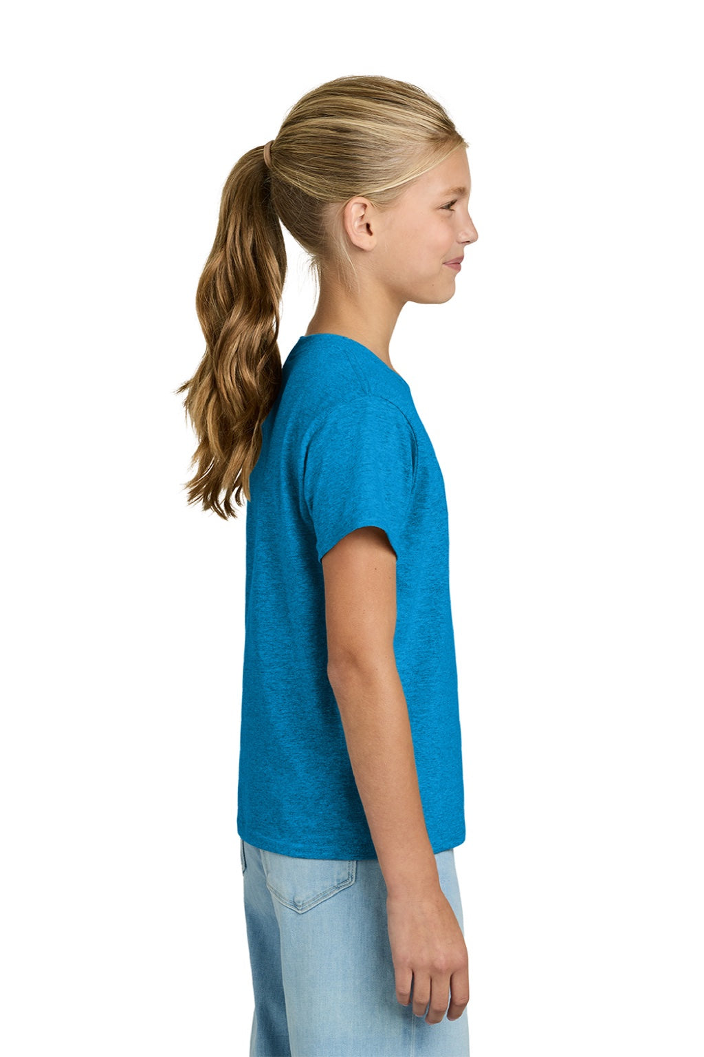 Gildan 3000B Youth Short Sleeve Crewneck T-Shirt Heather Sapphire Blue Model Side