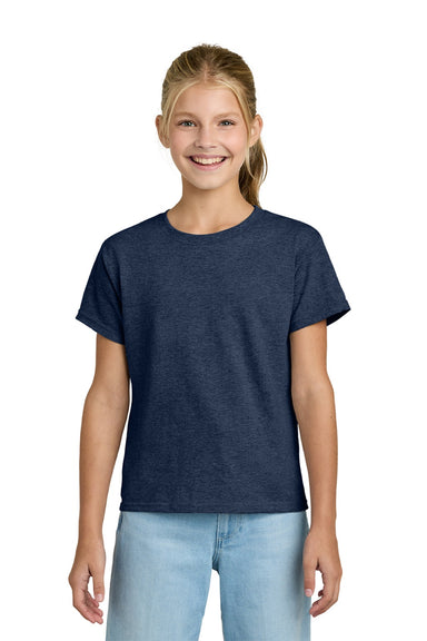 Gildan 3000B Youth Short Sleeve Crewneck T-Shirt Heather Navy Blue Model Front