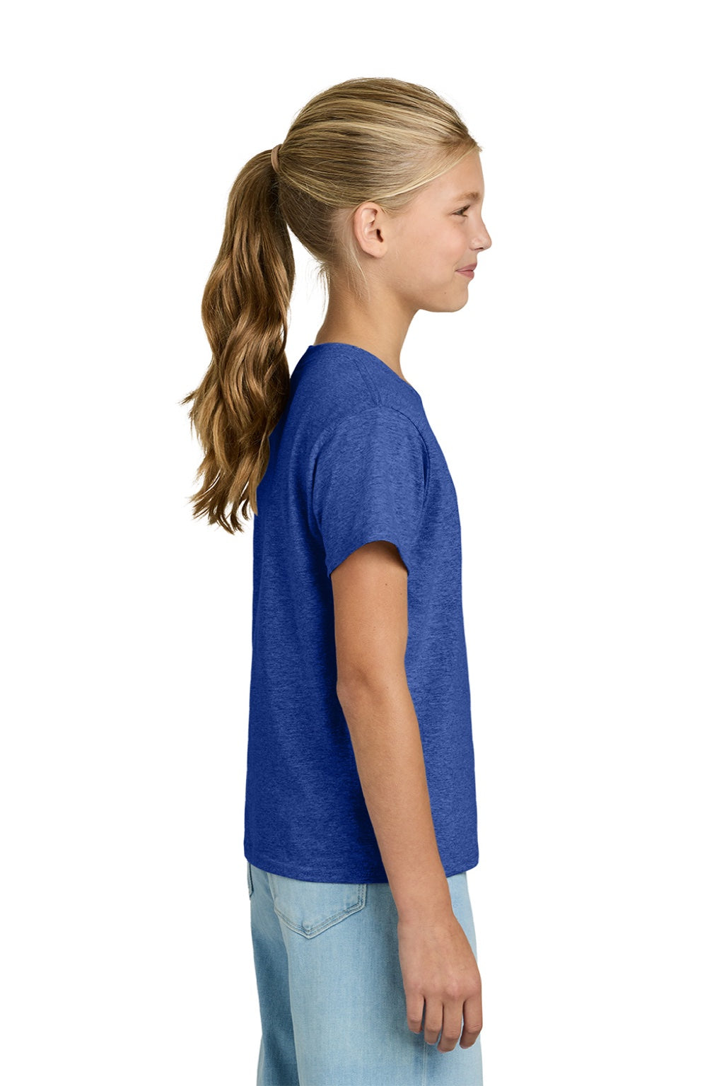 Gildan 3000B Youth Short Sleeve Crewneck T-Shirt Heather Royal Blue Model Side