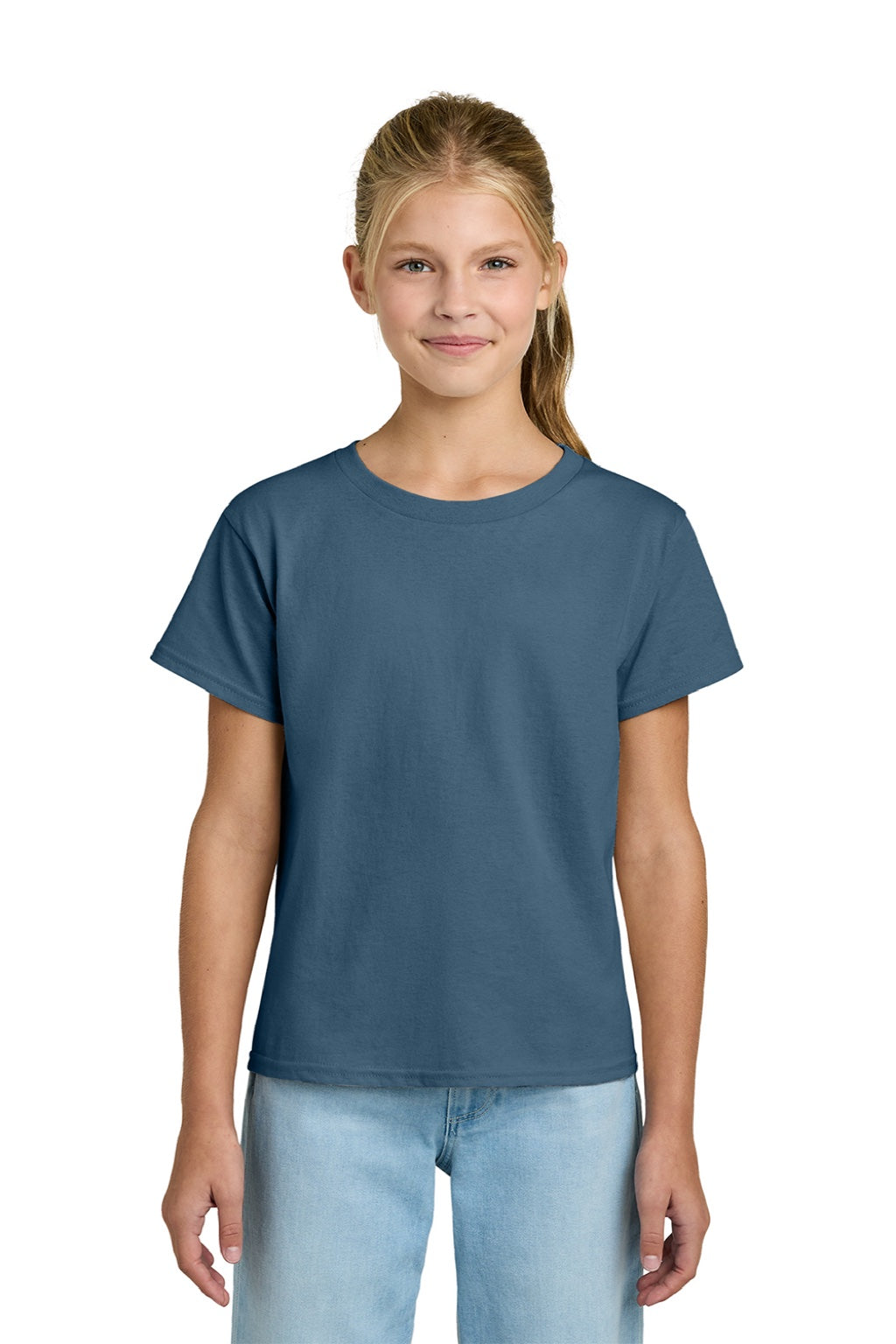 Gildan 3000B Youth Short Sleeve Crewneck T-Shirt Indigo Blue Model Front