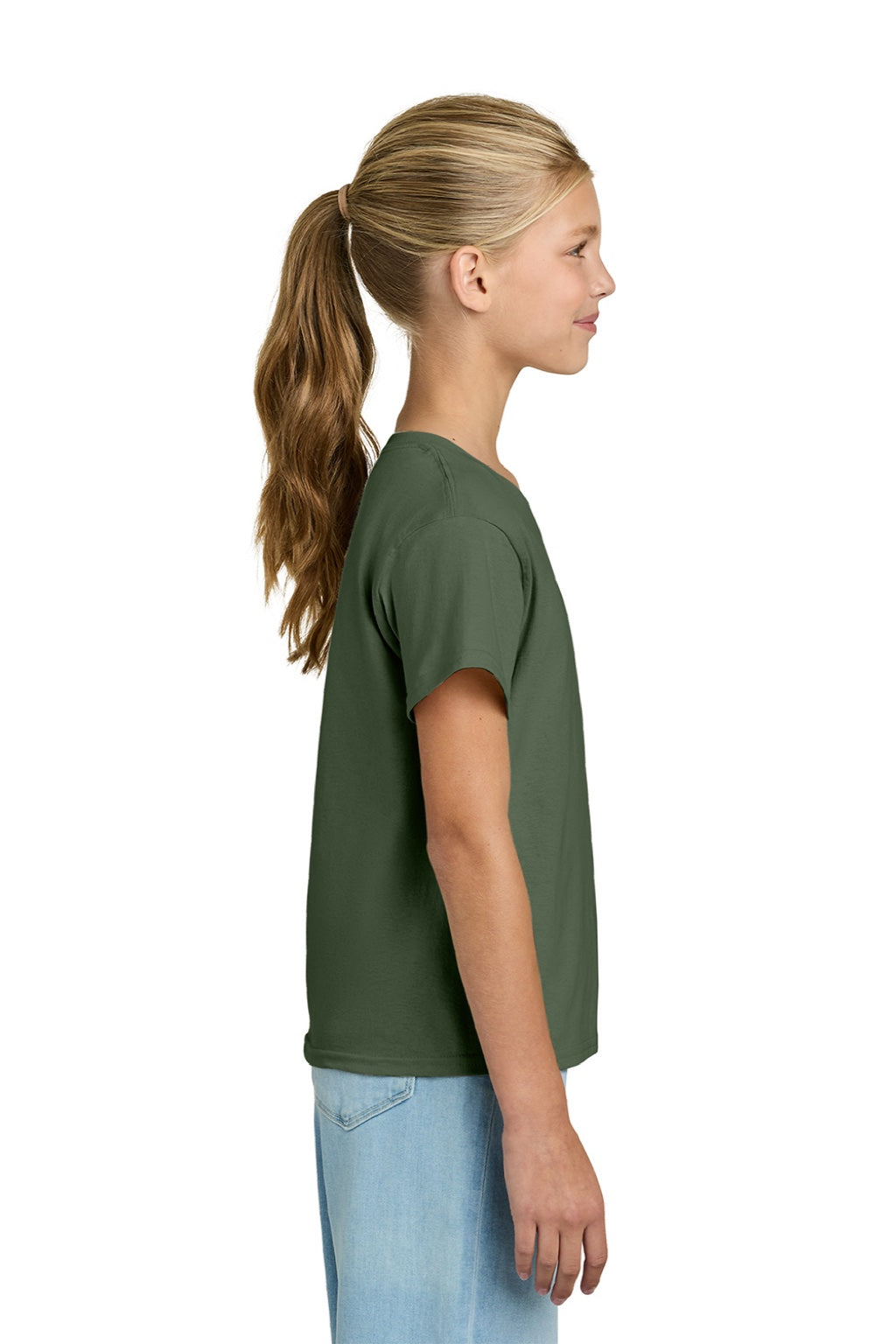 Gildan 3000B Youth Short Sleeve Crewneck T-Shirt Military Green Model Side