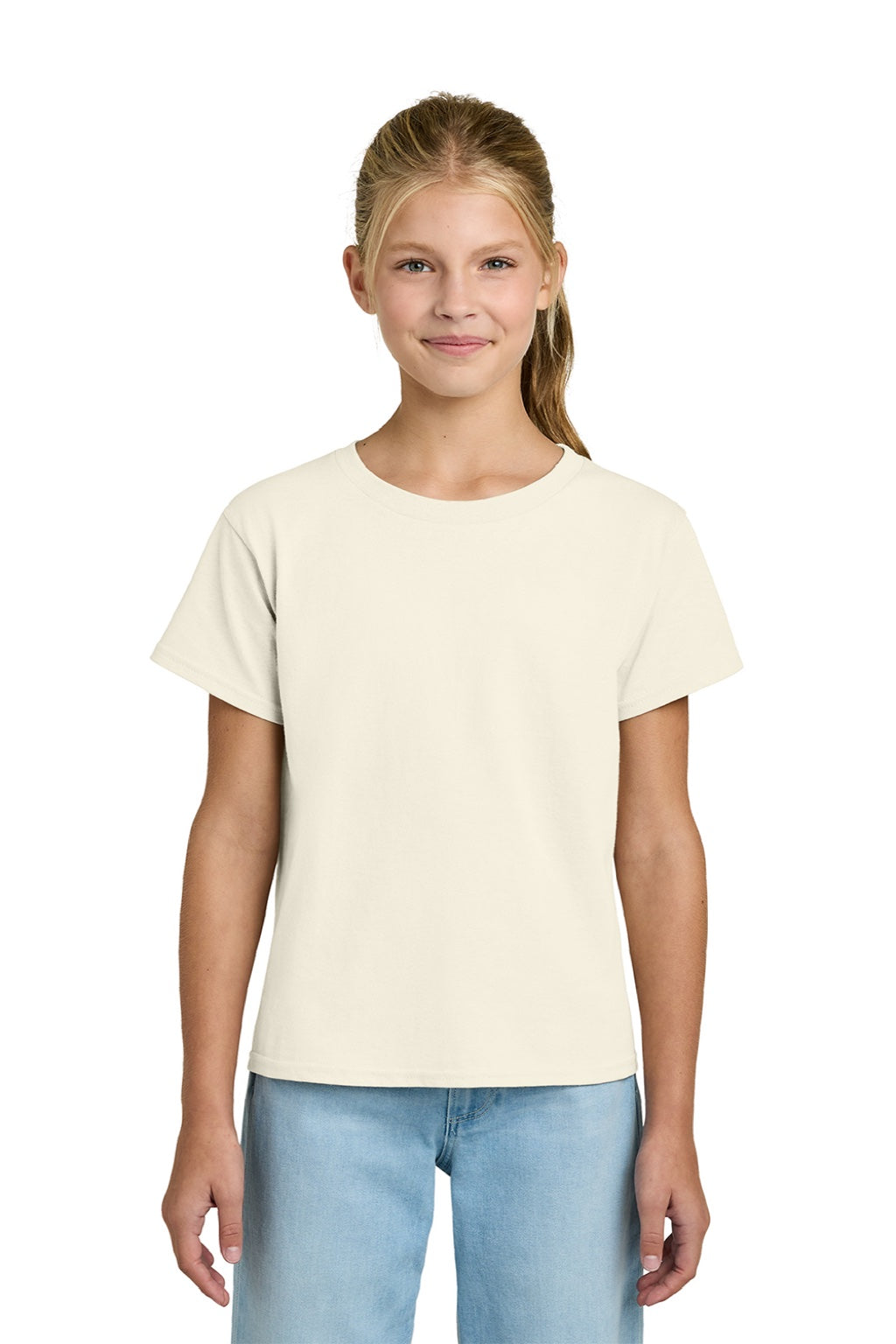 Gildan 3000B Youth Short Sleeve Crewneck T-Shirt Natural Model Front
