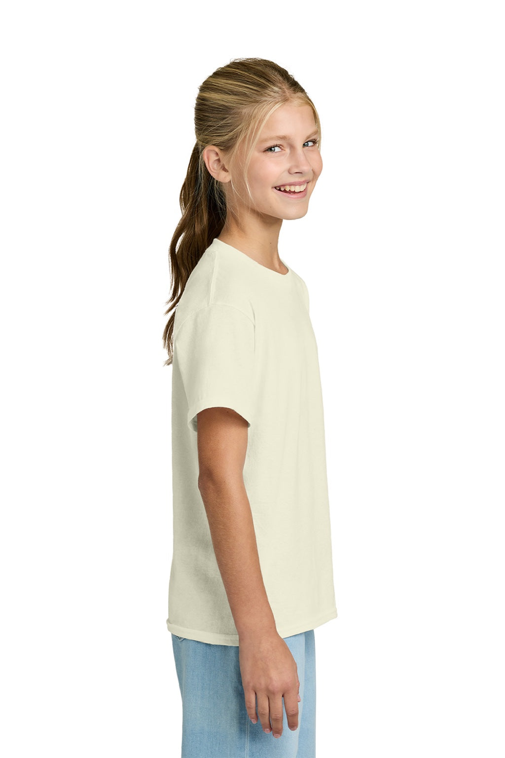 Gildan 3000B Youth Short Sleeve Crewneck T-Shirt Off White Model Side