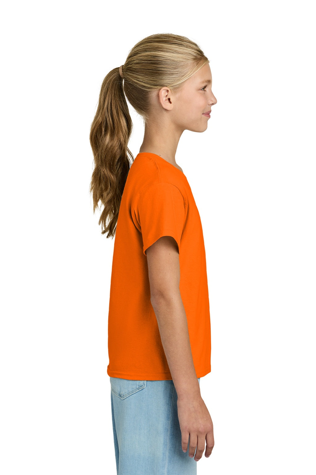 Gildan 3000B Youth Short Sleeve Crewneck T-Shirt Safety Orange Model Side