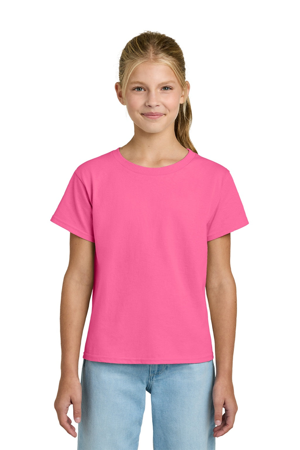 Gildan 3000B Youth Short Sleeve Crewneck T-Shirt Safety Pink Model Front