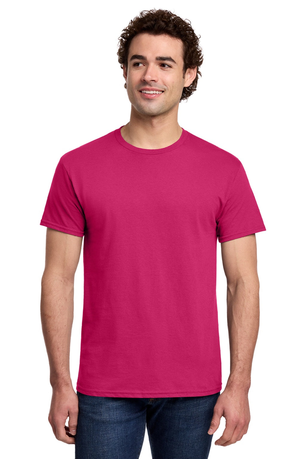 Gildan 3000 Mens Short Sleeve Crewneck T-Shirt Heliconia Pink Model Front