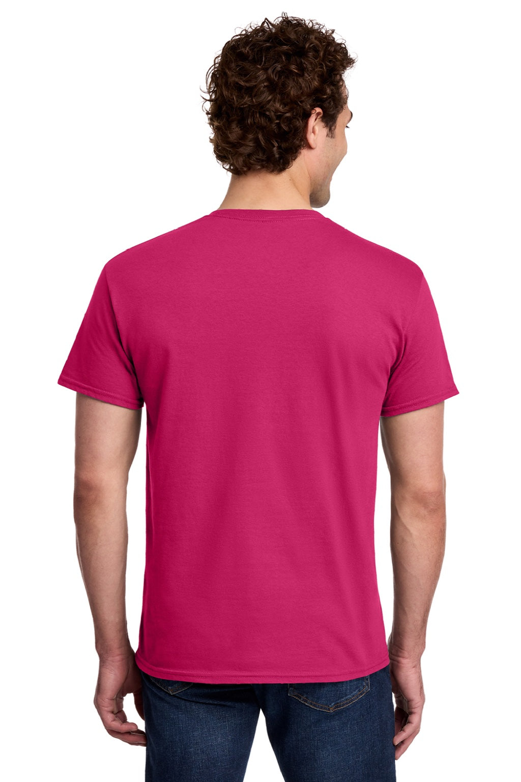 Gildan 3000 Mens Short Sleeve Crewneck T-Shirt Heliconia Pink Model Back