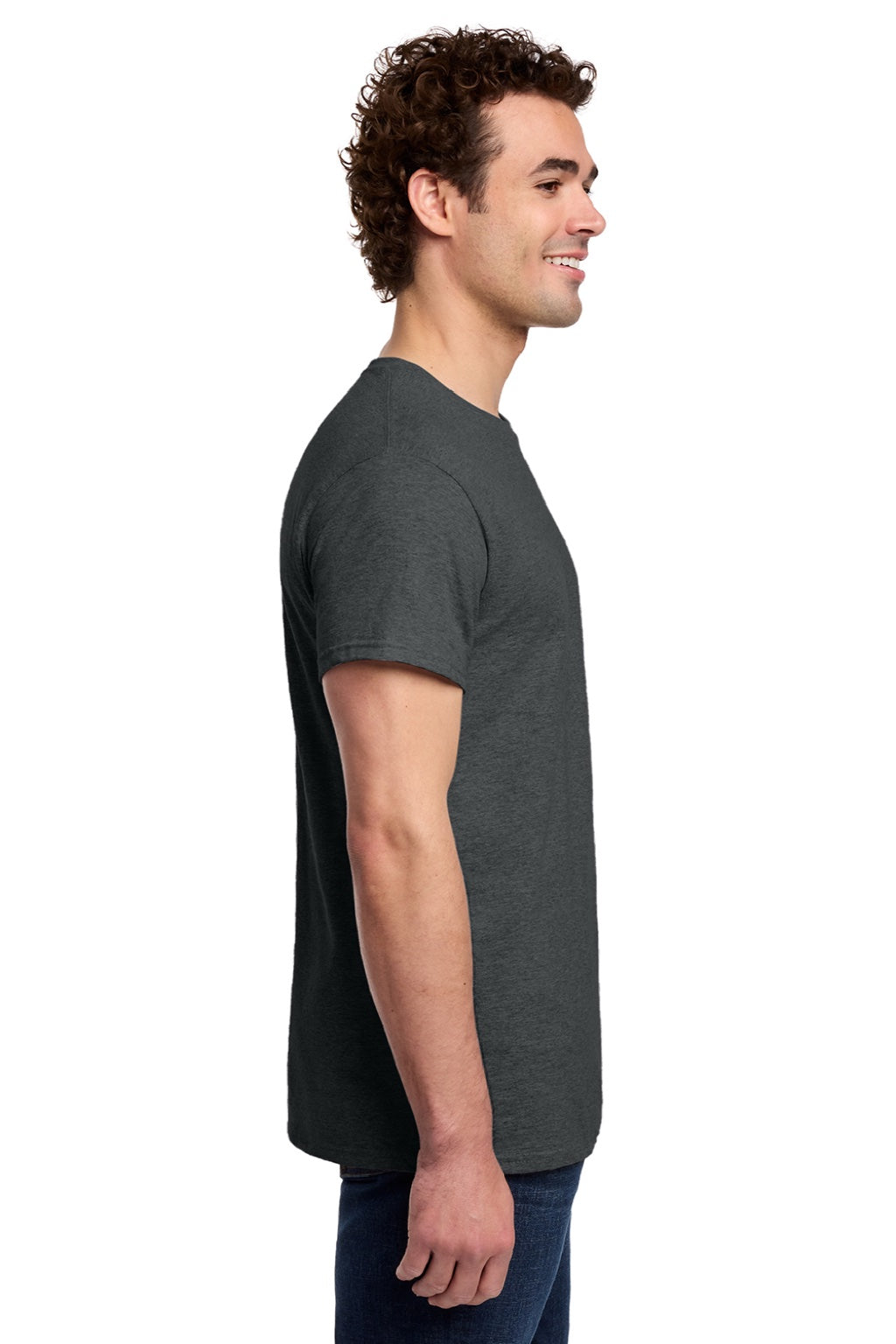 Gildan 3000 Mens Short Sleeve Crewneck T-Shirt Dark Heather Grey Model Side