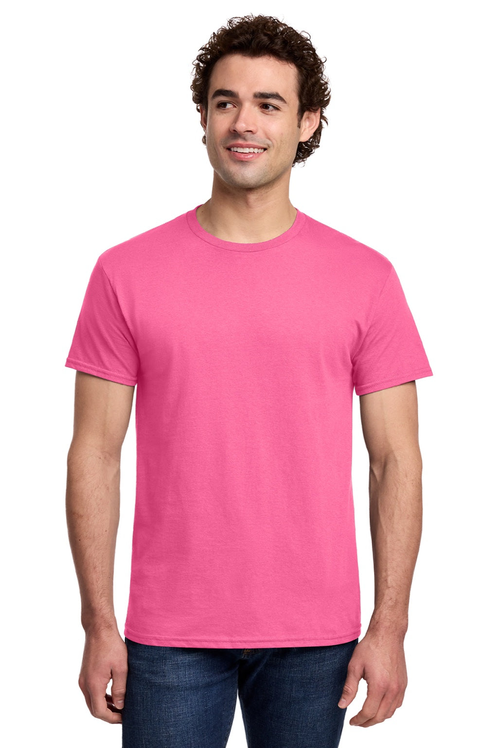 Gildan 3000 Mens Short Sleeve Crewneck T-Shirt Safety Pink Model Front